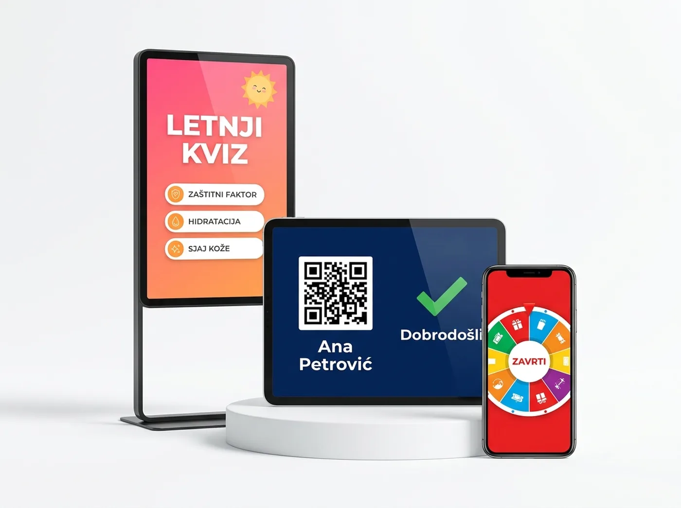 Totem sa letnjim kvizom, tablet sa prijavom gosta QR kodom i telefon sa točkom sreće — tri kampanje u tri različita brenda